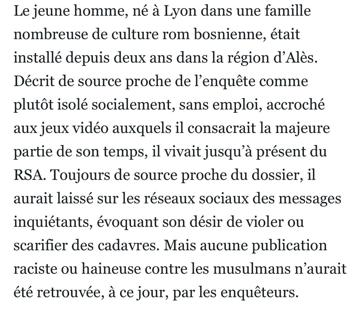 🚨Meurtre à la mosquée de La Grand-Combe : selon <a href="/le_Parisien/">Le Parisien</a> "aucune publication raciste ou haineuse contre les musulmans n'aurait été retrouvée à ce jour" sur les réseaux du tueur.

Ceux qui en font une affaire d'islamophobie et désignent des "coupables" jouent avec le feu.