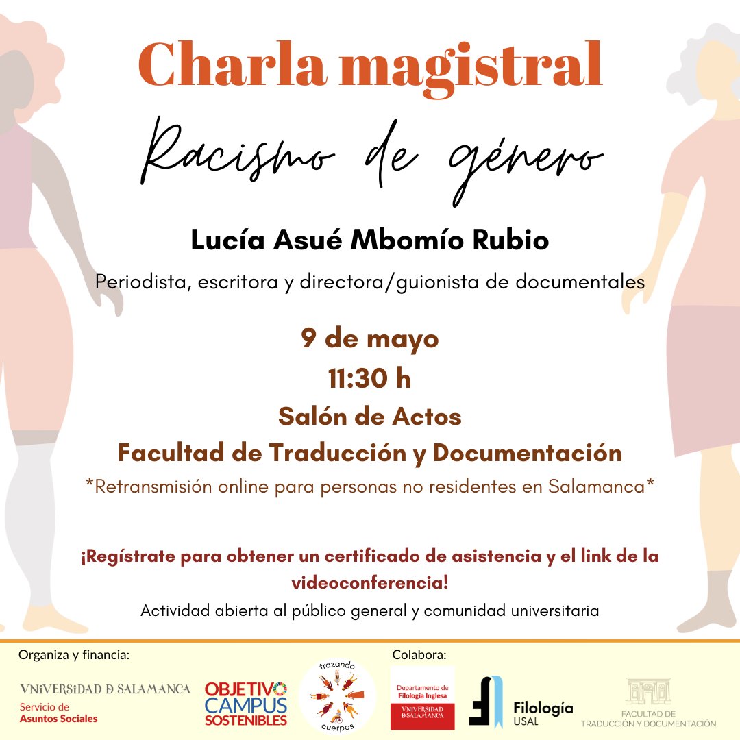 🥳 Nos complace anunciar nuestra charla magistral “Racismo de género”, impartida por Lucía Asué Mbomío Rubio, periodista, escritora y directora/guionista de documentales.
🗓️ Tendrá lugar el día 9 de mayo a las 11:30 h en <a href="/usal/">Universidad de Salamanca</a> .
➡️ Más información en:
trazandocuerpos.wordpress.com/charla-racismo…