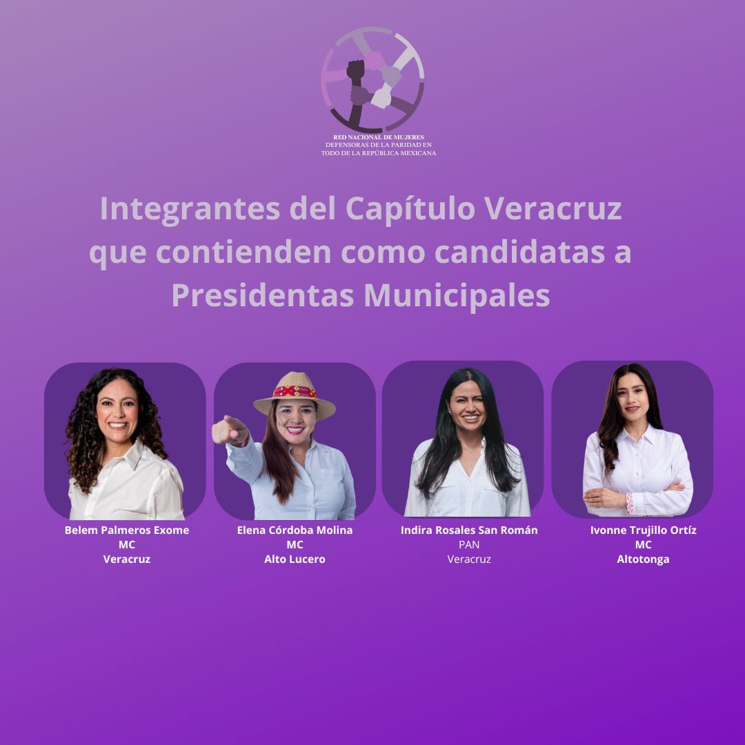 RedParidad_Ver's tweet image. Como Red plural de mujeres políticas nos congratulamos de la participación activa dd nuestras integrantes como candidatas a los distintos cargos de elección ion popular por los que se contiende en Veracruz.
¡Éxito en sus campañas compañeras!