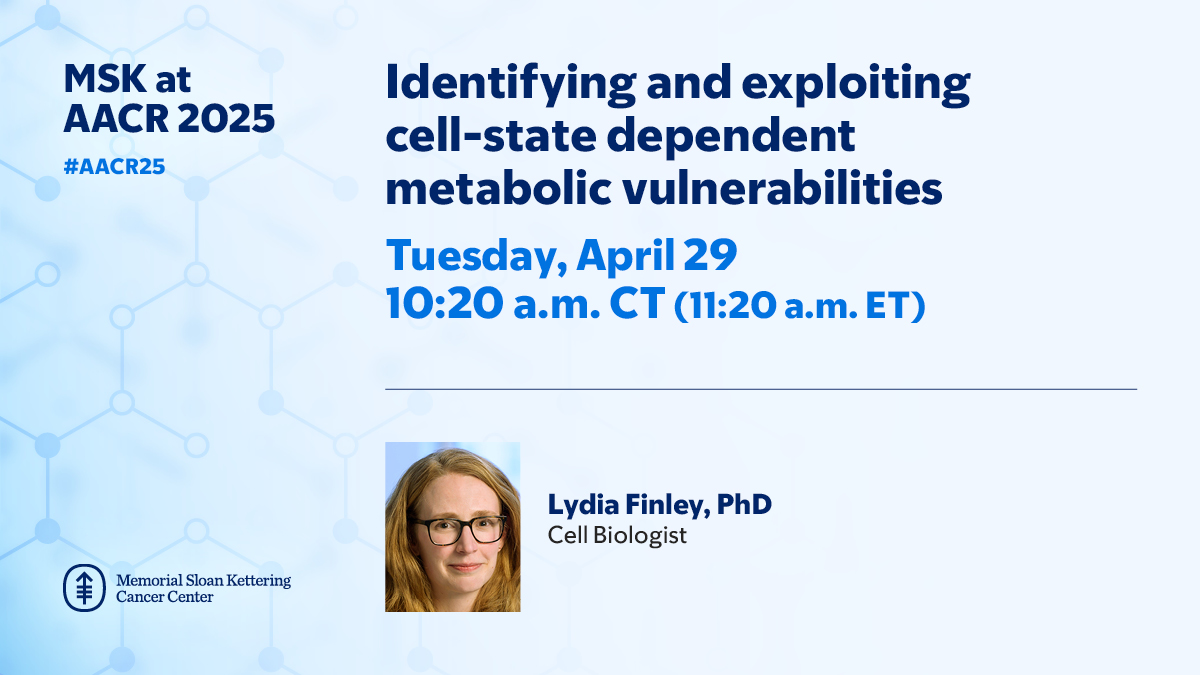 Join cell biologist Dr. Lydia Finley (<a href="/lydfinley/">Lydia Finley</a>) for a symposium titled “Identifying and exploiting cell-state dependent metabolic vulnerabilities” today at #AACR25. <a href="/AACR/">AACR</a> Learn more: bit.ly/3YhUYmz
