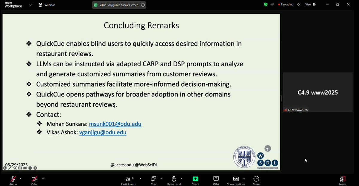 Mohan Krishna Sunkara (@mk344567) on Twitter photo Honored to win the Best Paper Award at ACM #W4A2025 Conference, held at <a href="/ICCSyd/">ICC Sydney</a> in Sydney, for our research on Adapting Online Customer Reviews for Blind Users - A Case Study of Restaurant Reviews🏆 <a href="/LunaticBugbear/">Yash Prakash</a> <a href="/AkshayKNayak7/">Akshay K Nayak</a> <a href="/OpenMaze/">Sampath Jayarathna</a> <a href="/vikas_daveb/">Vikas G Ashok</a> <a href="/WebSciDL/">WS-DL Group, ODU CS</a> <a href="/accessodu/">Accessible Computing Lab</a> <a href="/oducs/">ODU Computer Science</a> Honored to win the Best Paper Award at ACM #W4A2025 Conference, held at <a href="/ICCSyd/">ICC Sydney</a> in Sydney, for our research on Adapting Online Customer Reviews for Blind Users - A Case Study of Restaurant Reviews🏆 <a href="/LunaticBugbear/">Yash Prakash</a> <a href="/AkshayKNayak7/">Akshay K Nayak</a> <a href="/OpenMaze/">Sampath Jayarathna</a> <a href="/vikas_daveb/">Vikas G Ashok</a> <a href="/WebSciDL/">WS-DL Group, ODU CS</a> <a href="/accessodu/">Accessible Computing Lab</a> <a href="/oducs/">ODU Computer Science</a>