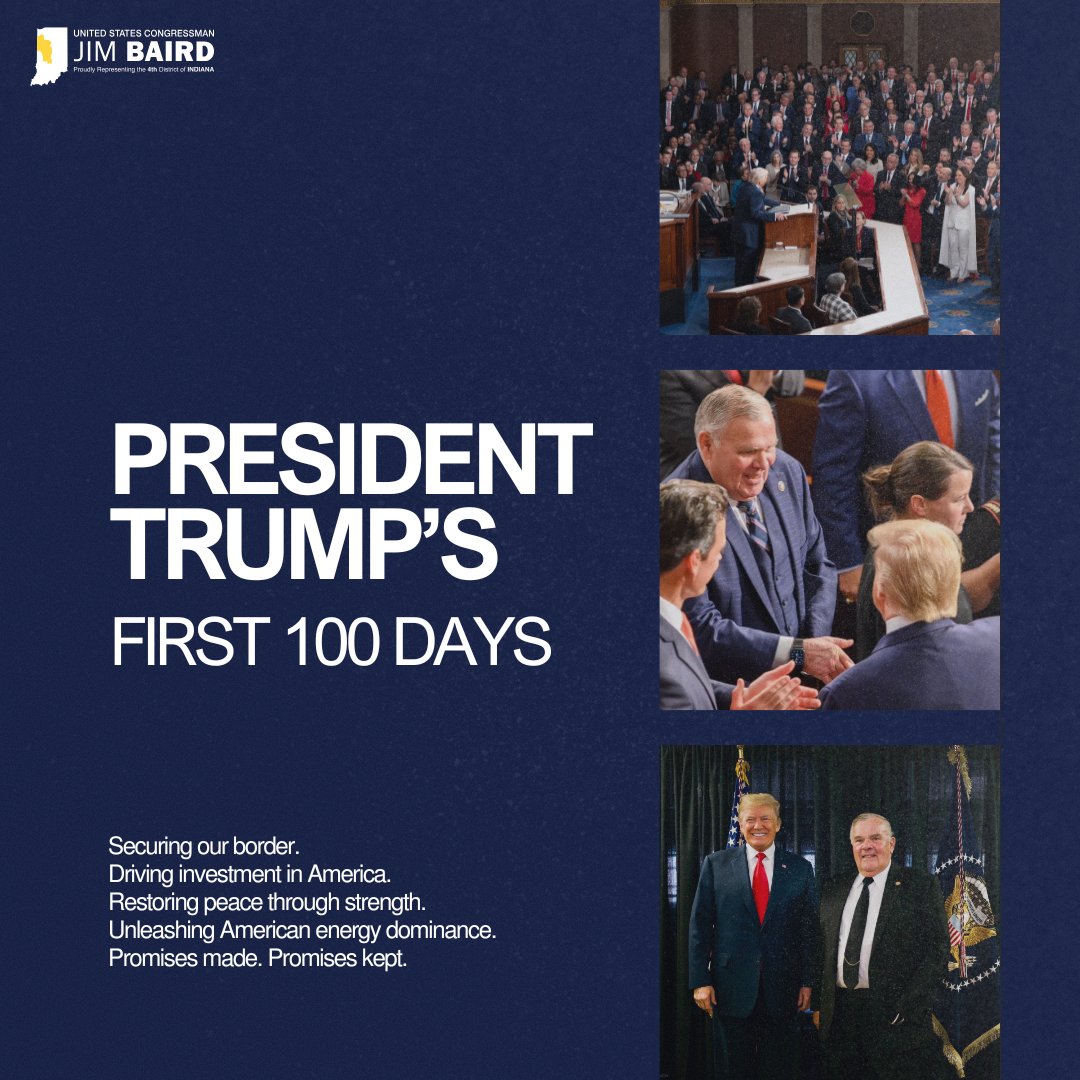 Congressman Jim Baird (@repjimbaird) on Twitter photo In 100 days, <a href="/POTUS/">President Donald J. Trump</a> and his administration have been reversing the disastrous Biden-era policies and are working hard to usher in the Golden Age of America.
Promises made. Promises kept.🇺🇸 In 100 days, <a href="/POTUS/">President Donald J. Trump</a> and his administration have been reversing the disastrous Biden-era policies and are working hard to usher in the Golden Age of America.
Promises made. Promises kept.🇺🇸