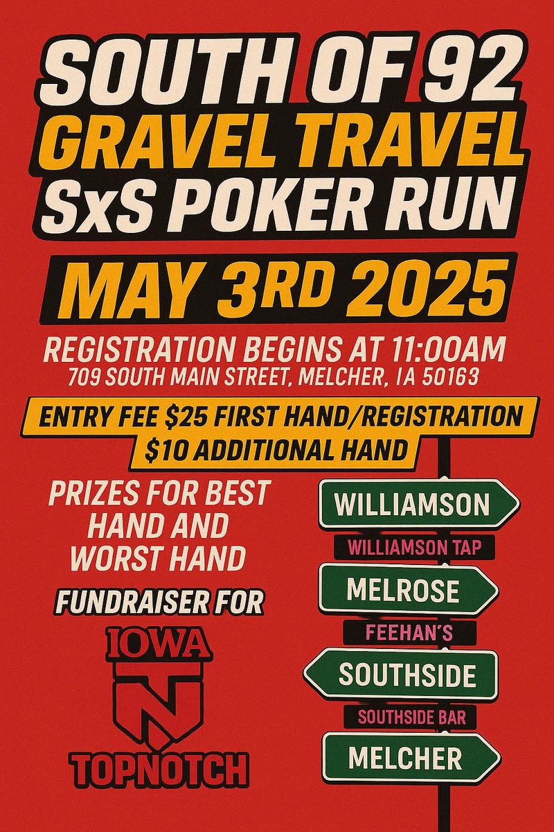 Side by side poker run
Prizes for best and worst hand