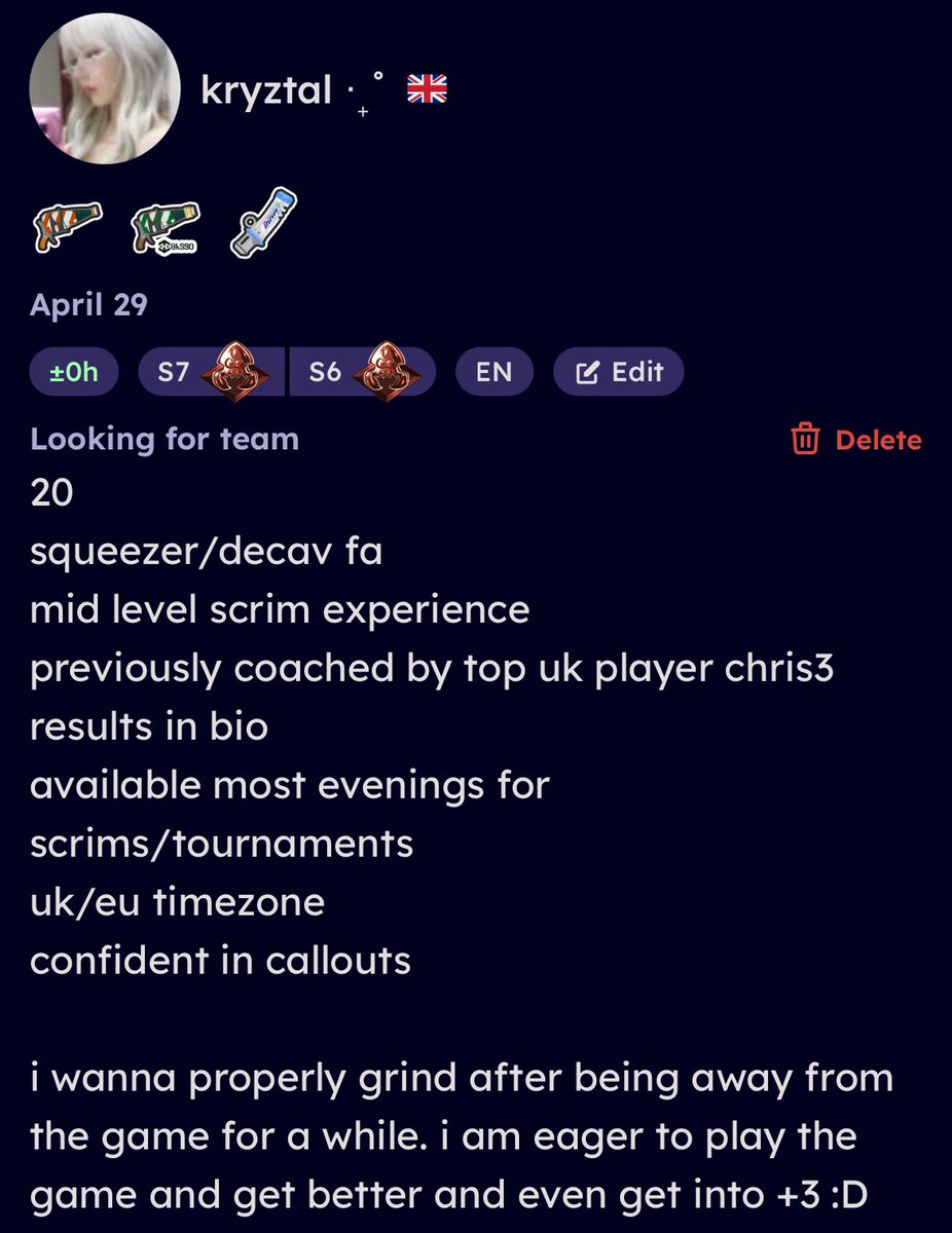 putting this out here too bc i really wanna play the game and really want people to play with cheers (vouches appreciated ♡) sendou.ink/u/kryztal