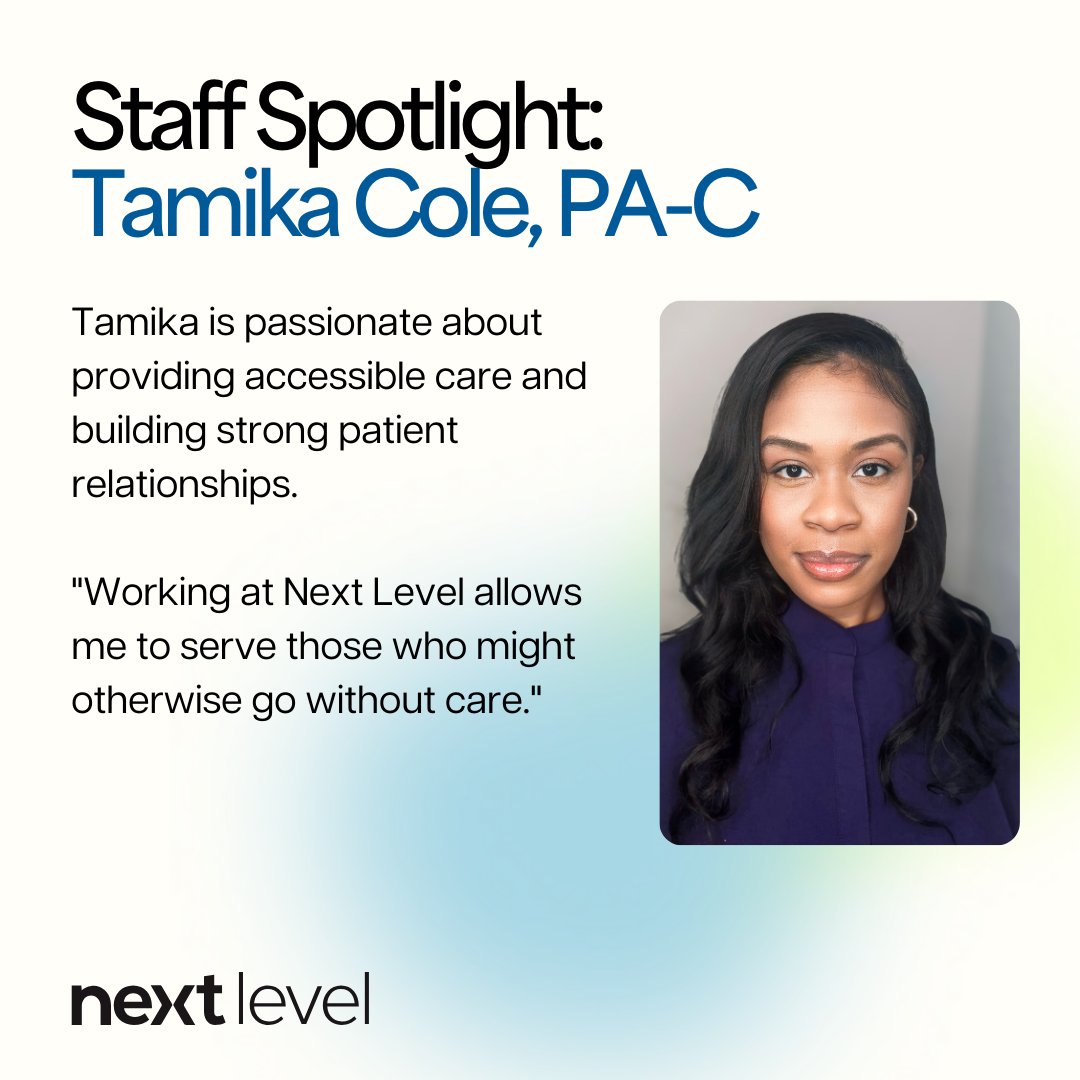Meet Tamika Cole, PA-C a talented medical provider with a passion for both primary and urgent care.  She’s most proud of the incredible team she works with and the strong relationships she's built along the way. We're proud to have Tamika as part of the Next Level family! 💙
