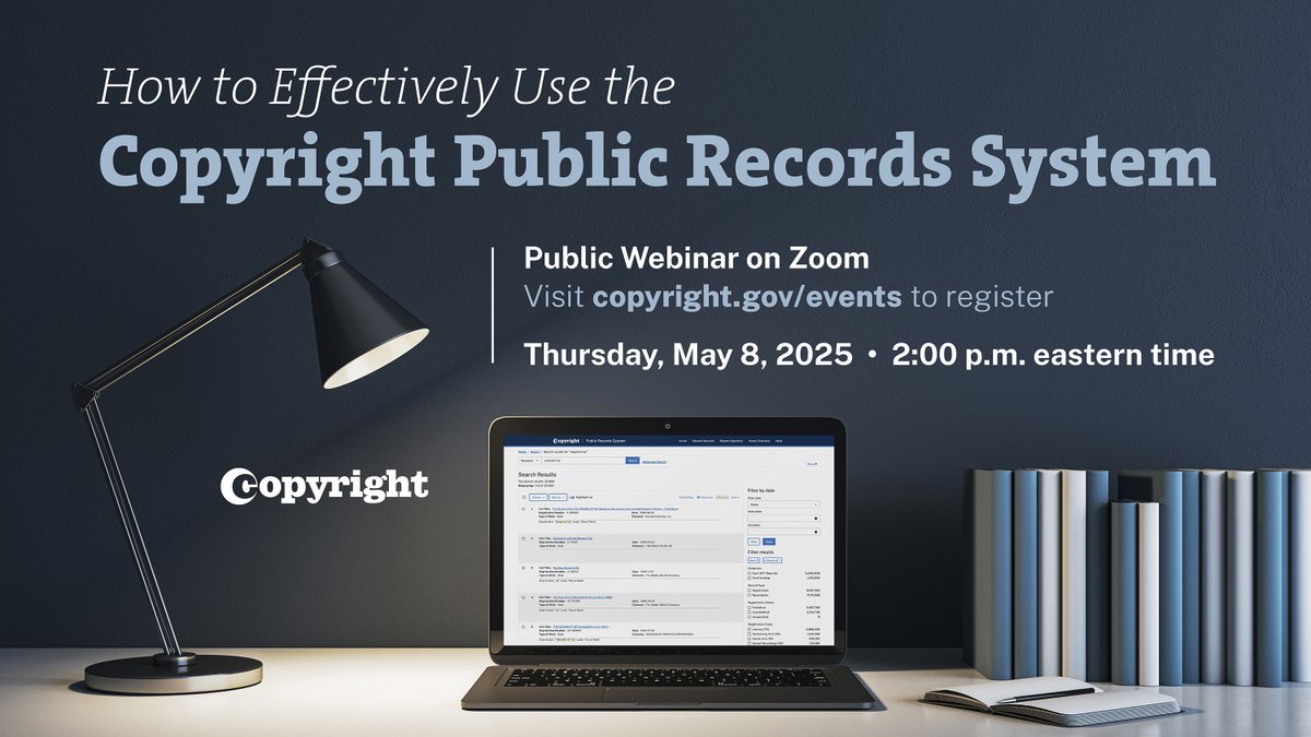 Have you used the Copyright Public Records System (CPRS)? CPRS will become the sole source of authoritative online copyright information on registrations and recordations by the end of June 2025. Learn more during our May 8 webinar. copyright.gov/events/copyrig…
