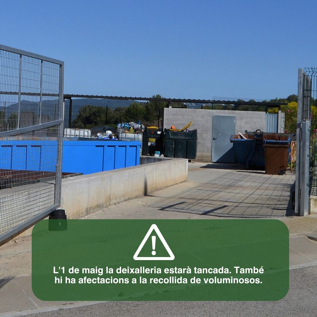 📢 MODIFICACIÓ SERVEIS 1 DE MAIG 🗓️

🚫 La deixalleria romandrà tancada.

♻️ La recollida de voluminosos i poda es trasllada al divendres al matí (en lloc de dijous).

🕗 Així doncs,  deixeu els estris al carrer dijous a la nit, i no dimecres, com és habitual.

Gràcies