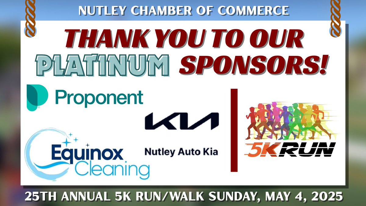 Thank you to Proponent Federal Credit Union, Equinox Cleaning, and Nutley Auto KIA for supporting our 25th Annual 5K Run/Walk this Sunday, May 4th! 🏃🏻‍♂️🥇🏃‍♀️ <a href="/EquinoxCleaning/">Equinox Cleaning, LLC</a> <a href="/KIAofNutley/">Nutley Auto Kia</a>