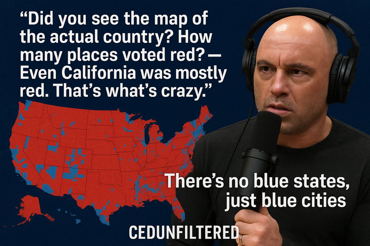 CedUnfiltered's tweet photo. @WallStreetApes Joe #Rogan “Did you see the map of the actual country? How many places voted red? — Even #California was mostly red. That's what's crazy.”  “There's no blue states, just blue cities”  Take away voter #fraud and make strict #voter ID laws, there would be no Elected #Democrats https://t.co/ms69OvPK7L