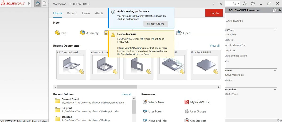 SolidWorks expiration error
When logging into SolidWorks you will see the error pictured below. This is a false error, and SolidWorks has indicated that nothing will happen. For more information log into MyAkron for the full article. <a href="/uakron/">The University of Akron</a>