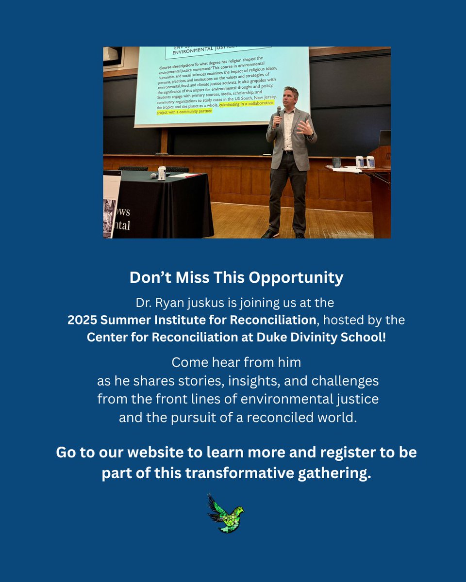 Dr. Ryan Juskus will present a theological view of New Creation at this year’s Summer Institute for Reconciliation. May 14-16, 2025. Register soon at divinity.duke.edu/programs/summe….