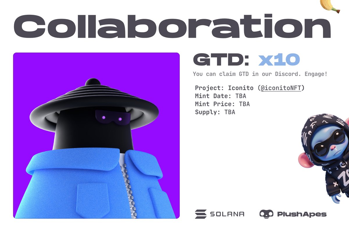 🎟 10 @iconitoNFT  GTD spots are available for claim through Engage in Plush Discord.

Iconito is a clean, minimalist 3D art collection launching on Solana in 2025.

How to join:

1️⃣ Be Plush Holder. 
2️⃣ Follow @iconitoNFT, <a href="/PlushApes/">PlushApes 🐒</a>  
3️⃣ Join the Discord: