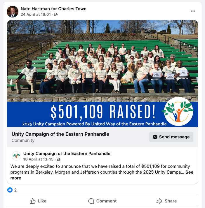 Manthos4WV's tweet photo. @libbyemmons Are you seriously claiming the other candidate raised $500K for their own @CityCharlesTown council race? Hartman only shared a United Way post w/o editorial. I think you knew that, otherwise you would have linked to the post directly as you did later. Will you correct this? https://t.co/G7RjpCyxtk