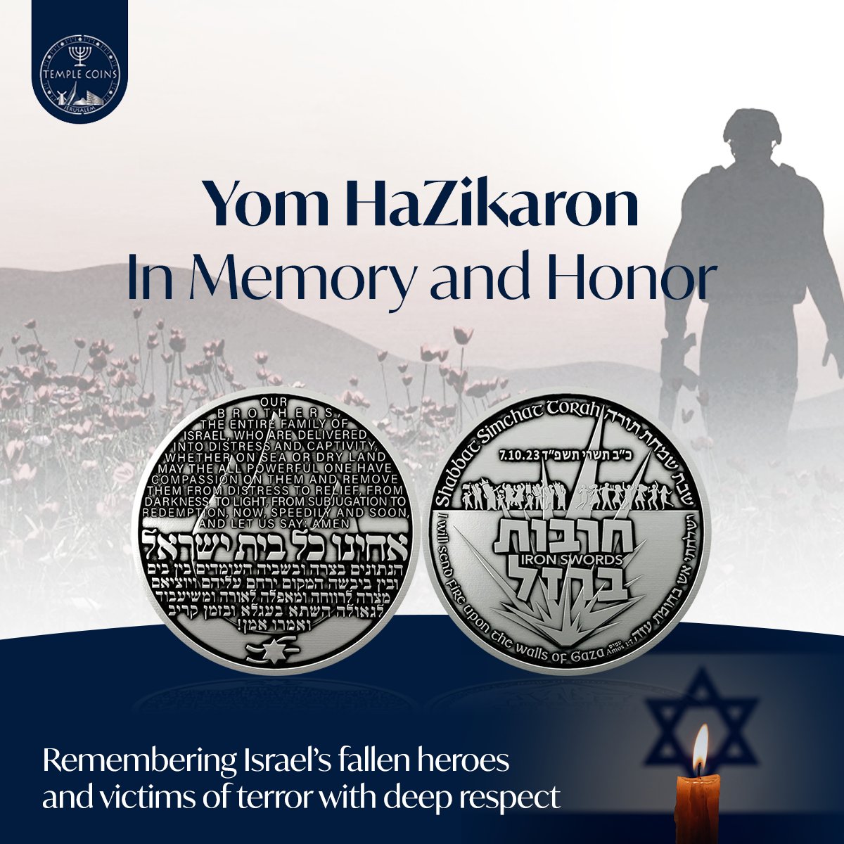templecoins's tweet photo. Israel’s Memorial Day for Fallen Soldiers and Victims of Terror 🕯

On this day, we stand together to honor the memory of those who gave their lives defending Israel and those who were taken by acts of terror. Their legacy of courage and sacrifice remains etched in our hearts.

The “Iron Swords” coin reflects the spirit of unity and hope that sustains us — a symbol of remembrance, prayer for the return of captives, and our collective commitment to never forget.

May their memory be a blessing.
May our unity be their eternal legacy.