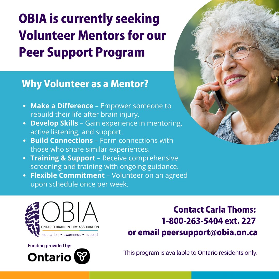 OBIA is seeking Volunteer Mentors for our Peer Support Program! Make a difference in someone's life after brain injury. Flexible commitment &amp; full training provided!📞 Call 1-800-263-5404 ext 227 or 📧 email peersupport@obia.on.ca today!

#BrainInjurySupport  #OntarioVolunteers