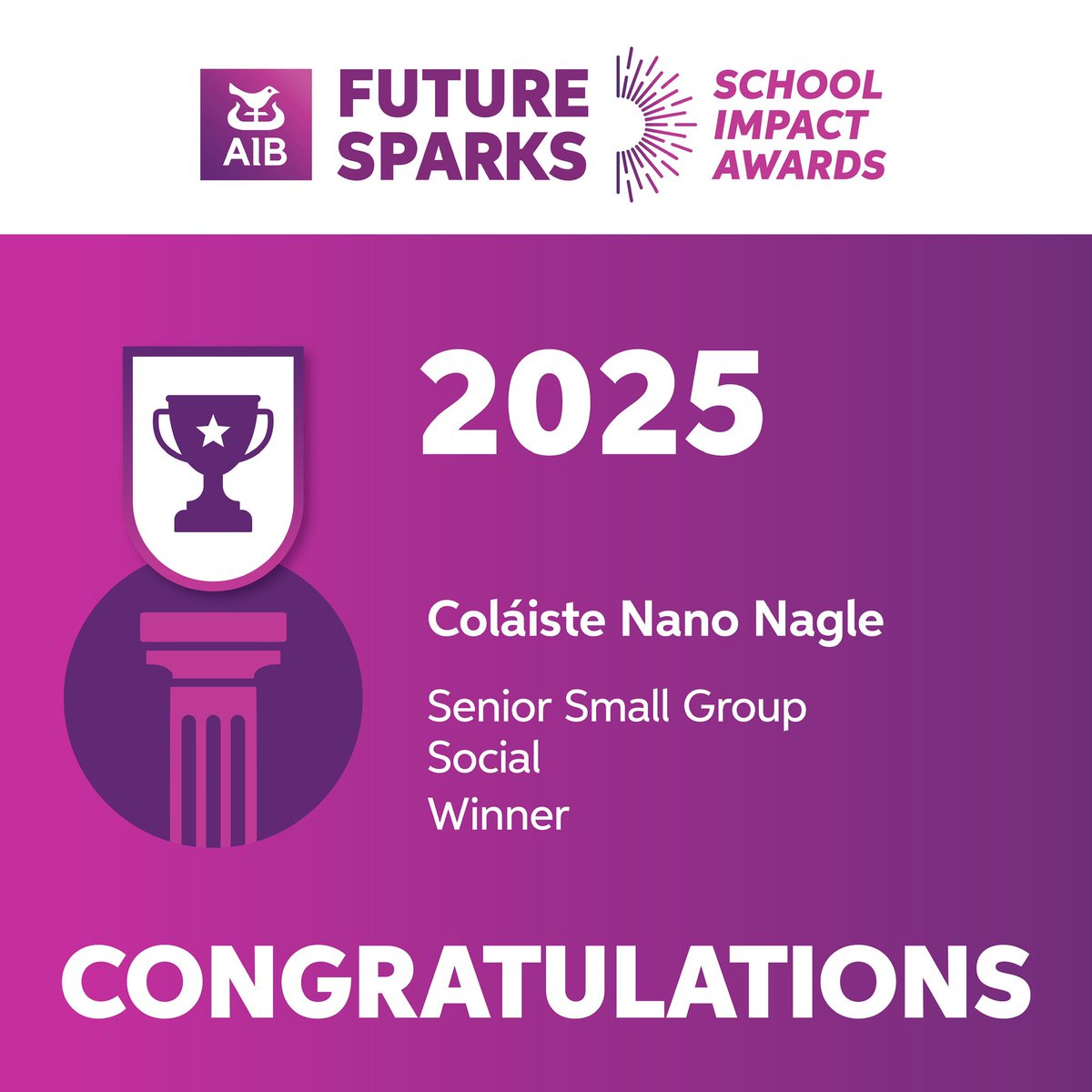 AIB (@aibireland) on Twitter photo Congratulations to <a href="/colnanonagle/">Coláiste Nano Nagle</a>, winners of the Senior Small Group Social Category of the 2025 AIB Future Sparks School Impact Awards! Congratulations to <a href="/colnanonagle/">Coláiste Nano Nagle</a>, winners of the Senior Small Group Social Category of the 2025 AIB Future Sparks School Impact Awards!