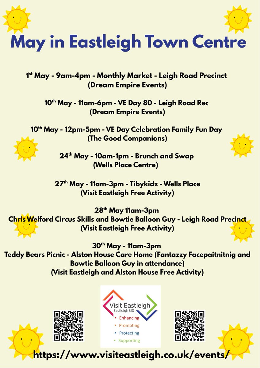 🤩Upcoming May Events in Eastleigh Town Centre! 🤩
🥳We are looking forward to some great events in the May Calendar, including some FREE May Half Term Events.
🌞Now let's all channel thoughts of sunshine for May 🌞🙏
visiteastleigh.co.uk/events/