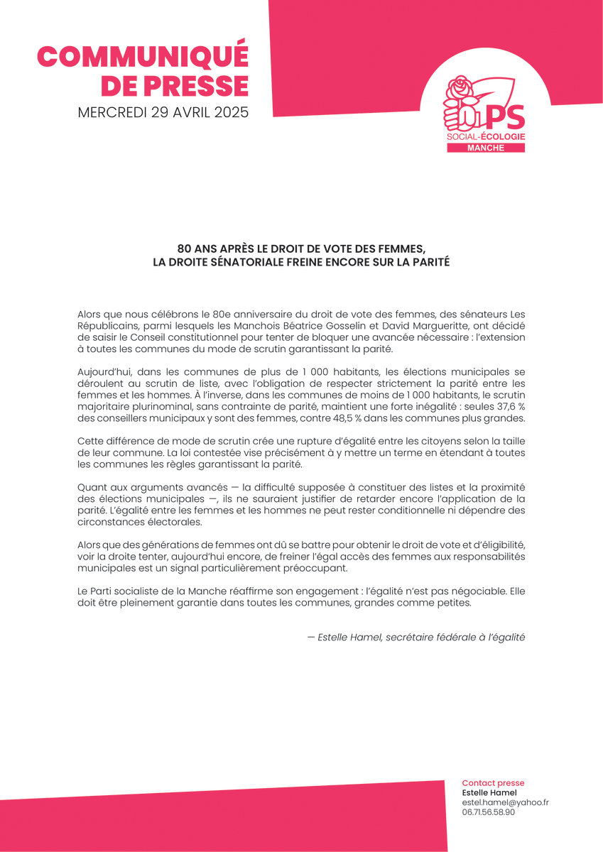 80 ans après le droit de vote des femmes, les sénateurs LR de la Manche saisissent le Conseil constitutionnel pour freiner la parité dans nos communes.

Par la voix d’Estelle Hamel, nous réaffirmons notre engagement pour l’égalité réelle entre les femmes et les hommes 👇