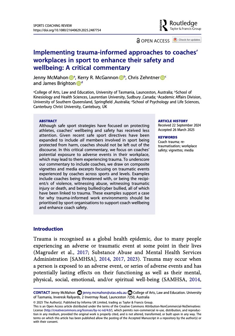 SportsCoachingReview (@sportscoachingr) on Twitter photo ‘Implementing trauma-informed approaches to coaches’ workplaces in sport to enhance their safety and wellbeing: A critical commentary’
Jenny McMahon, Kerry R. McGannon, Chris Zehntner & James Brighton’s paper is available open access <a href="/tandfsport/">Routledge Sport, Leisure, and Tourism</a>;
doi.org/10.1080/216406… ‘Implementing trauma-informed approaches to coaches’ workplaces in sport to enhance their safety and wellbeing: A critical commentary’
Jenny McMahon, Kerry R. McGannon, Chris Zehntner & James Brighton’s paper is available open access <a href="/tandfsport/">Routledge Sport, Leisure, and Tourism</a>;
doi.org/10.1080/216406…