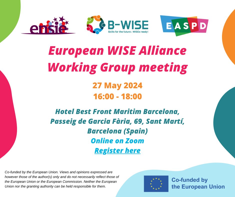 📣 Join the European WISE Alliance Working Group Meeting on 27 May 2025!
🤝 Explore objectives, activities, EU updates &amp; digital upskilling for #WISEs.
🔗 Register: forms.gle/9P3H9rFqkDBfr2…
💻 Learn more: bwiseproject.eu/en/alliance