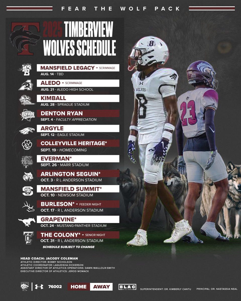 TViewWolves's tweet image. Timberview Varsity Football Schedule 2025
#WolvesOnly
#ItJustMeansMore