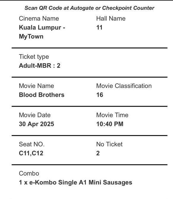 NazifaNazirah's tweet photo. 2 tiket wayang + e combo (popcorn + softdrinks + sausage) untuk let go

Movie : Blood Brothers
Location : Mytown Cheras
Time : 10.40PM (30/4/2025)
Price : RM60

Interested DM i, thank youuu ☺️☺️
#tiketwayang #bloodbrothers #tiketwayangletgo #jualtiketwayang #mytown #gsc #wayang https://t.co/VYNR8k7DJt