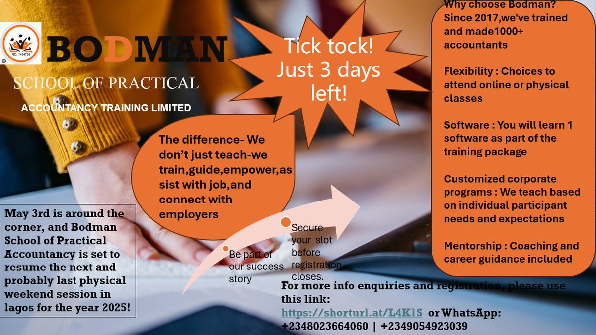 BSPATSchool's tweet photo. 3 days left until the new session at Bodman School kicks off!
Ready to upgrade your accountancy skills? May 3rd—it’s on!
#AccountancyTraining #BodmanSchool https://t.co/hqqqCUJkQV