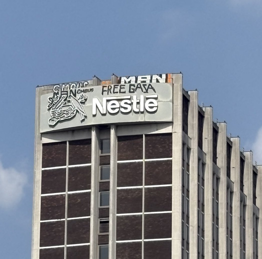 Free Gaza seen on the Nestle building in East Croydon, London