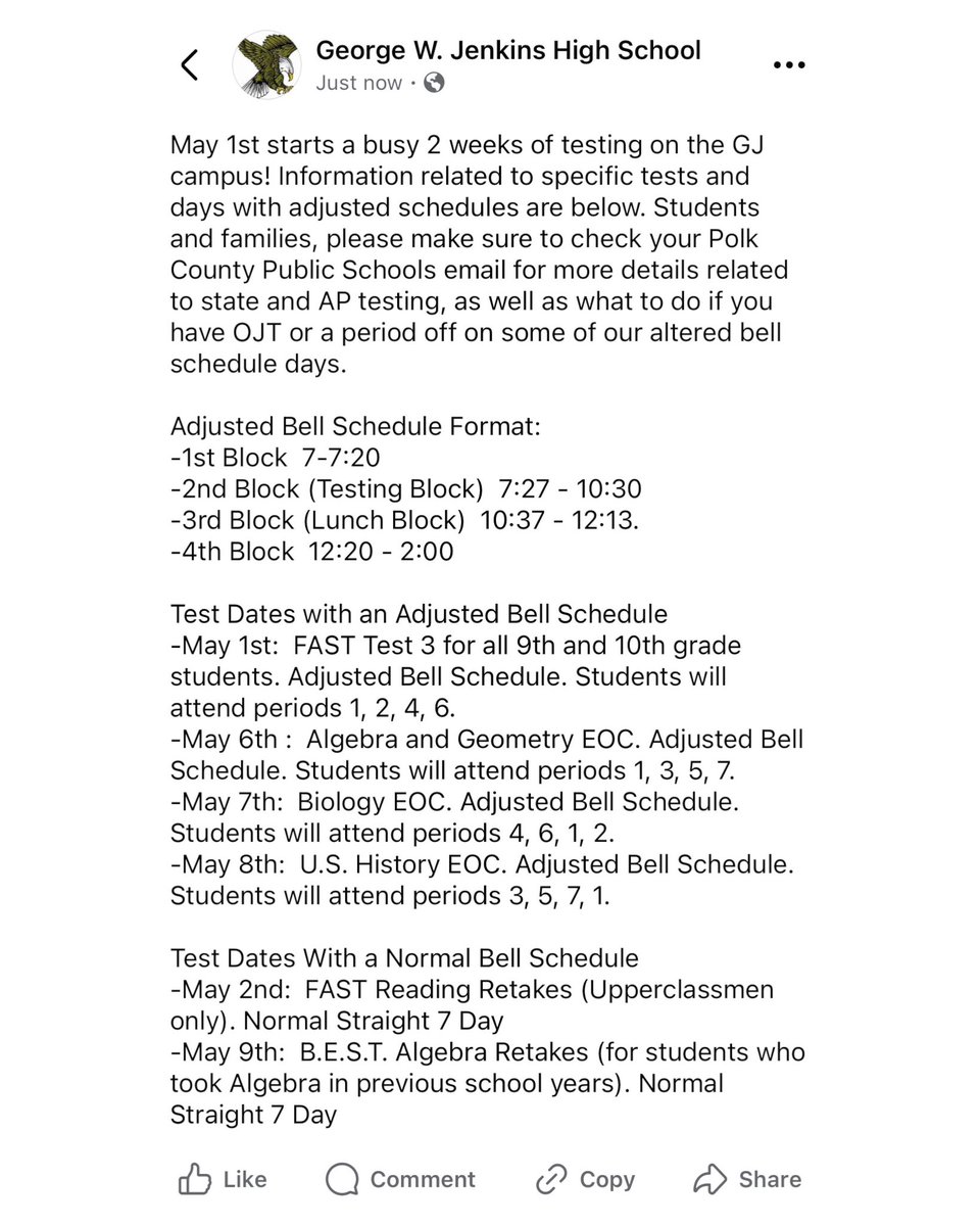 Please note the important testing information below. Check your school email for additional info!
