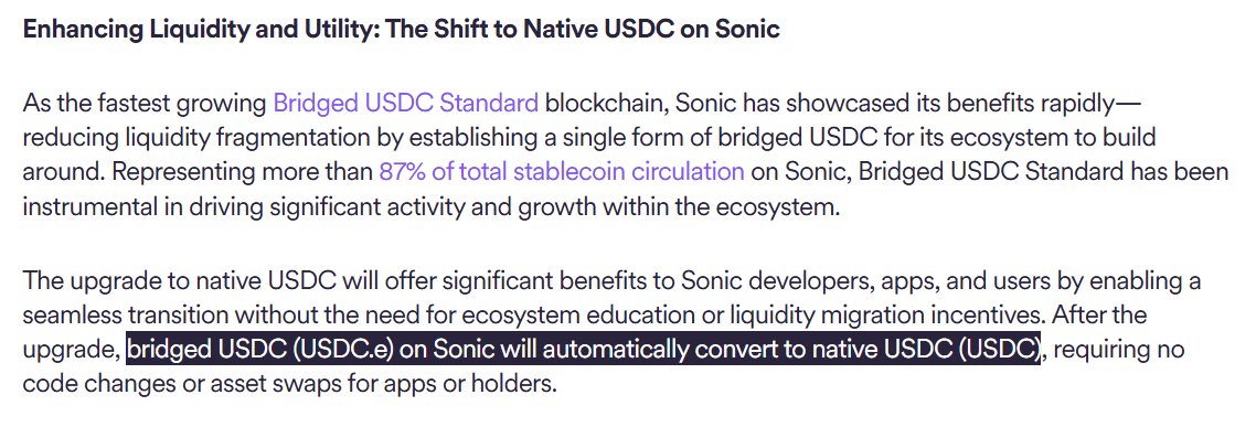 Sonic Intern | $S 💥 (@intern4sonic) on Twitter photo Important note for protocols with bridged USDC (USDC.e) on <a href="/SonicLabs/">Sonic Labs</a> for the upcoming native USDC upgrade.
You have to do literally nothing.
You heard that right - literally nothing.
Only on Sonic. Important note for protocols with bridged USDC (USDC.e) on <a href="/SonicLabs/">Sonic Labs</a> for the upcoming native USDC upgrade.
You have to do literally nothing.
You heard that right - literally nothing.
Only on Sonic.