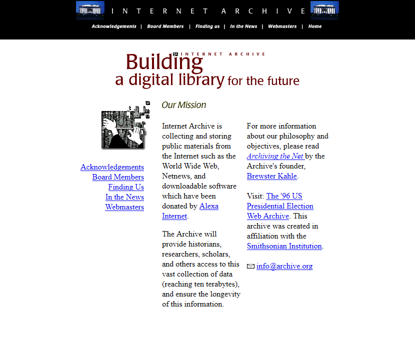 Happy 29th Birthday Internet Archive!  

On May 12, 1996, Brewster Kahle founded a non-profit organization called the Internet Archive.

#InternetHistory