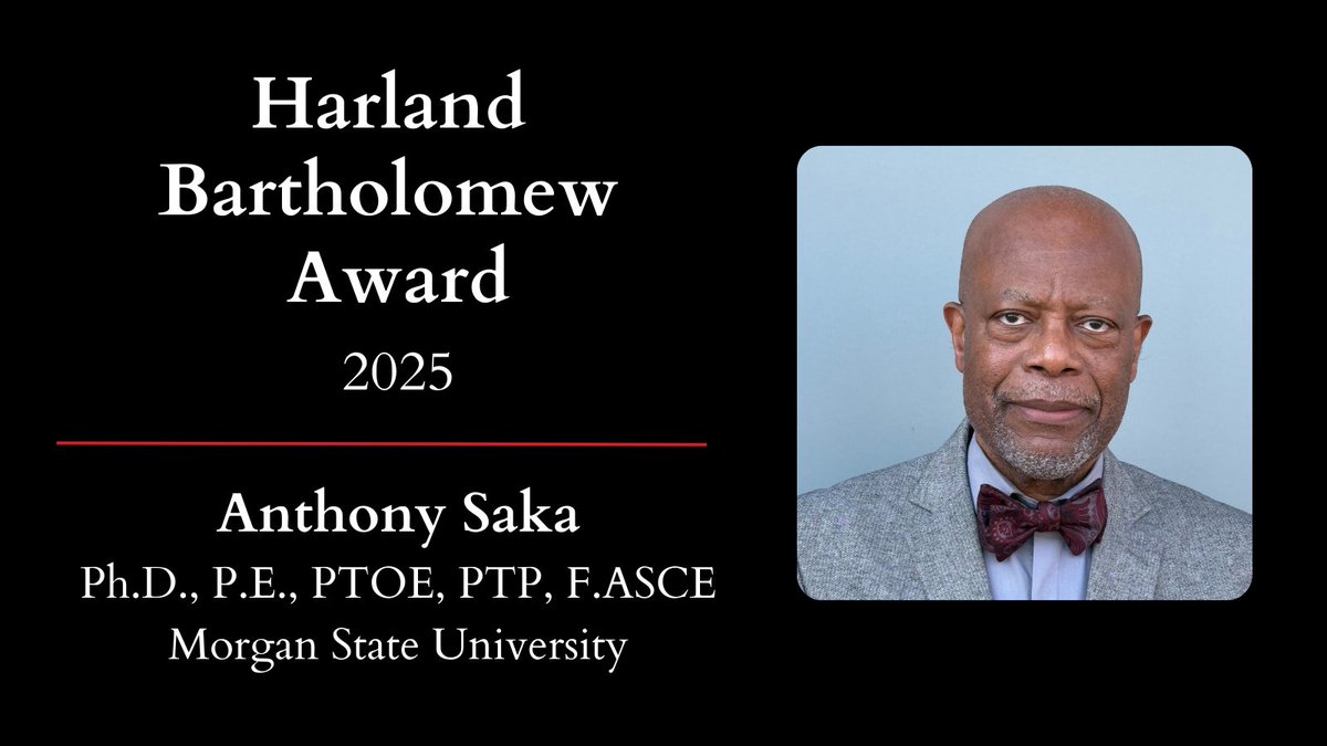 ASCE T&DI (@asce_tdi) on Twitter photo Congrats to Dr. Anthony Saka of <a href="/MorganStateU/">Morgan State University</a> on receiving the 2025 Harland Bartholomew Award!
His leadership in #transportation, #infrastructure, and civil #engineering education has shaped the field and inspired the next generation. ๐ ๐ ๐
bit.ly/4cTp3i9 Congrats to Dr. Anthony Saka of <a href="/MorganStateU/">Morgan State University</a> on receiving the 2025 Harland Bartholomew Award!
His leadership in #transportation, #infrastructure, and civil #engineering education has shaped the field and inspired the next generation. ๐ ๐ ๐
bit.ly/4cTp3i9