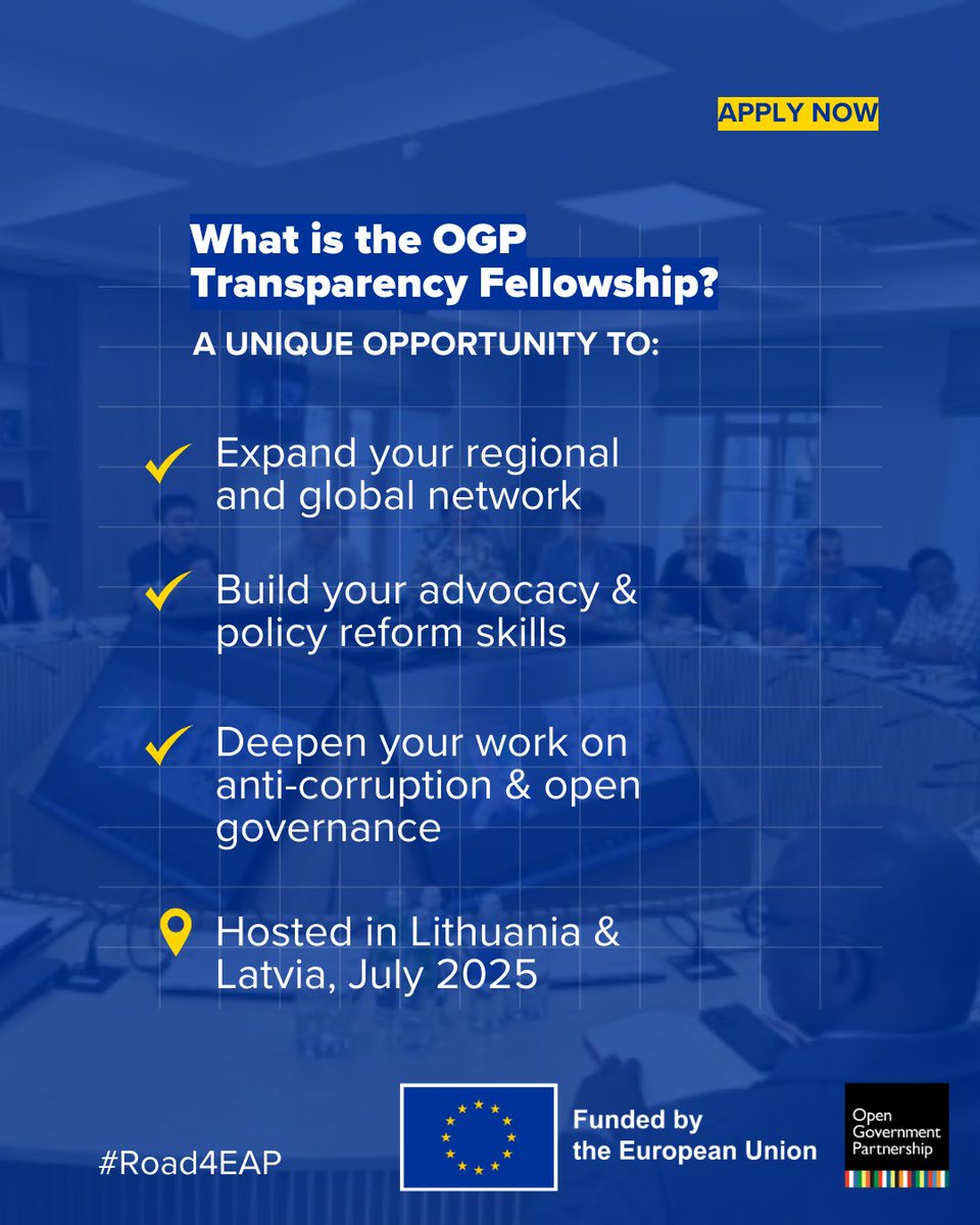 📣 Applications are now open for the 2025 OGP Transparency Fellowship!

This fully funded, 4-day experience is for government, civil society, and media changemakers from Georgia 🇬🇪*, Armenia 🇦🇲, Moldova 🇲🇩, and Ukraine 🇺🇦.

#Road4EAP