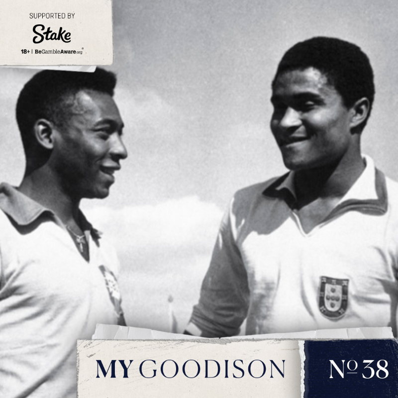 Everton's tweet photo. "I was at two World Cup games in 1966 and was privileged to see Pele and Eusebio on the same pitch."

🏟️ My Goodison No.38: Pele, Eusebio &amp; Everton Greats
✍️ By Peter Moore, Evertonian