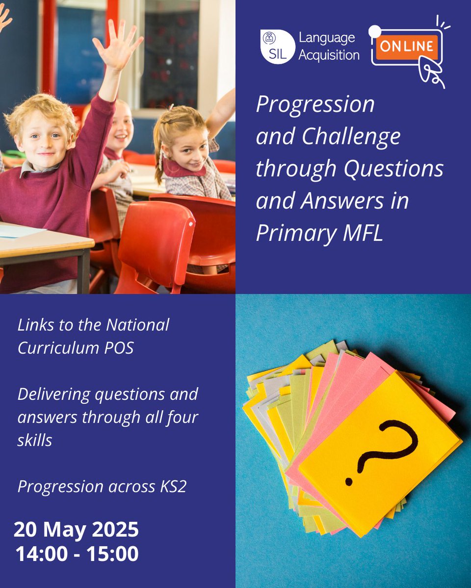 Why not join us for an action packed hour exploring skill development through the teaching of questions and answers in MFL?
#MFLskills #PrimaryMFL