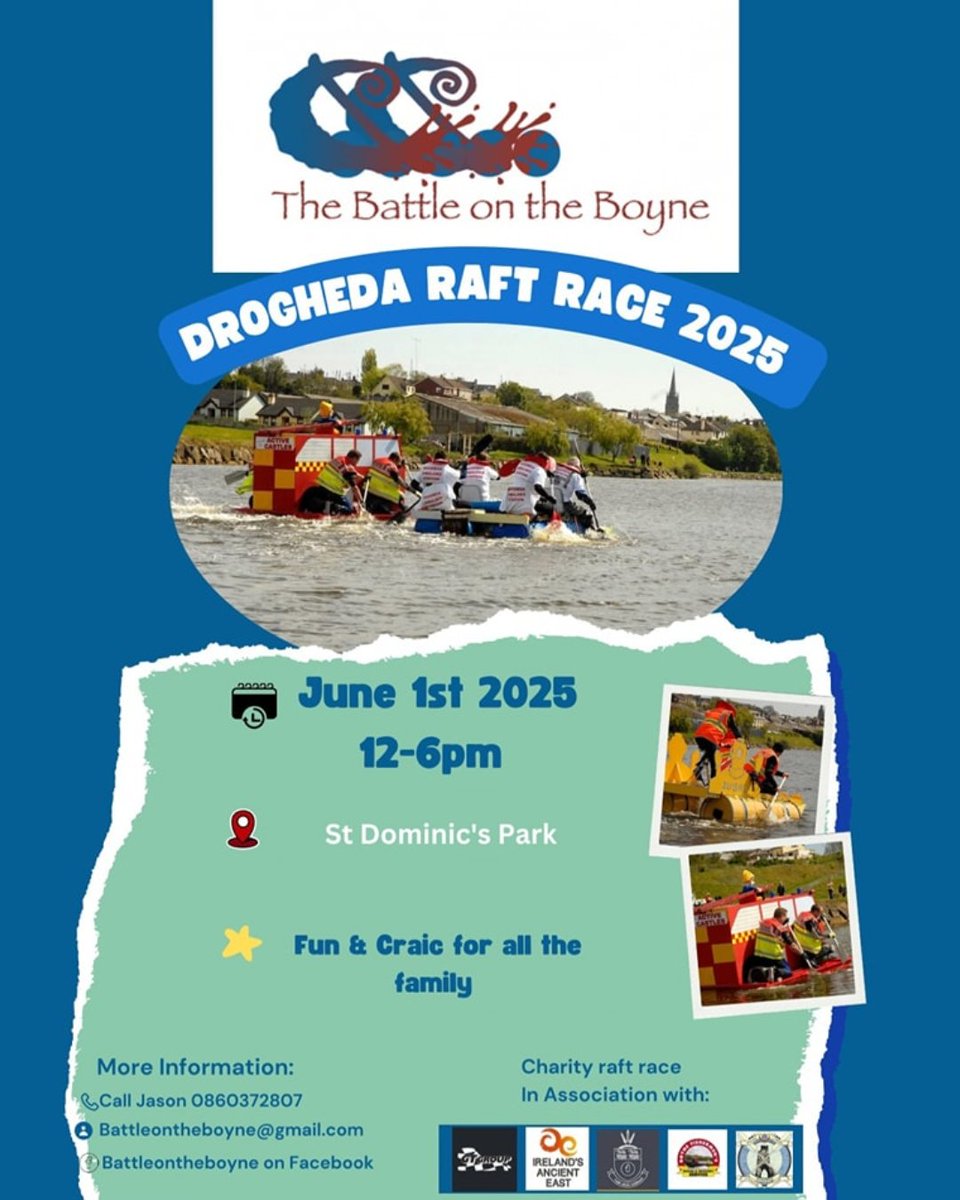 @LoveDrogheda (@love_drogheda) on Twitter photo The Battle on the Boyne is back! ๐ฃโโ๏ธ
Join the fun at the Drogheda Raft Race on 1st June at St. Dominicโs Park with raft races, live music, food, games & more! ๐๐ถ
Want to race? Build your raft & sign up at battleontheboyne@gmail.com!
#LoveDrogheda #BattleOnTheBoyne #FamilyFun The Battle on the Boyne is back! ๐ฃโโ๏ธ
Join the fun at the Drogheda Raft Race on 1st June at St. Dominicโs Park with raft races, live music, food, games & more! ๐๐ถ
Want to race? Build your raft & sign up at battleontheboyne@gmail.com!
#LoveDrogheda #BattleOnTheBoyne #FamilyFun