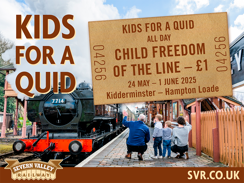 Kids for a quid! From 24 May to 1 June Kids (aged 4-17) can travel on the Railway all day for just £1, when accompanied by a fare-paying adult. The little ones under 4 travel for free as usual. svr.co.uk/event/kids-for…