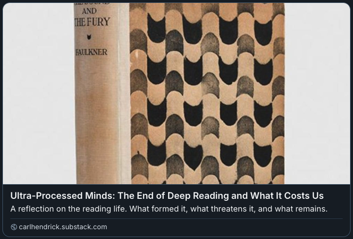"A society that can no longer read complex texts may soon find itself unable to think complex thoughts [...] reading becomes not just a cognitive act, but a civic one: a rehearsal for the intellectual stamina that democracy requires." 🎯