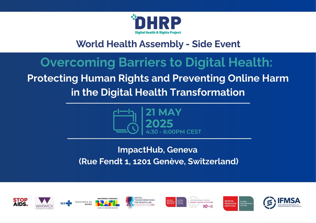 Digital Health and Rights Project (@dighealthrights) on Twitter photo 🚨Join us at #WHA78!
<a href="/DigHealthRights/">Digital Health and Rights Project</a> is thrilled to host an exclusive side event: Overcoming Barriers to Digital Health
📍In-person event
🤝Networking Apero from 6:00–7:00 PM
✍️Secure your spot: docs.google.com/forms/d/e/1FAI…
#DigitalHealth 🚨Join us at #WHA78!
<a href="/DigHealthRights/">Digital Health and Rights Project</a> is thrilled to host an exclusive side event: Overcoming Barriers to Digital Health
📍In-person event
🤝Networking Apero from 6:00–7:00 PM
✍️Secure your spot: docs.google.com/forms/d/e/1FAI…
#DigitalHealth