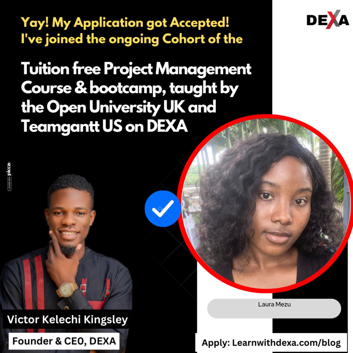 laura_mezu's tweet photo. I am excited to announce my enrollment in the tuition-free Project Management course taught by The Open University UK &amp; TeamGantt. 🎉

@Learnwithdexa thank you for this great opportunity.

#learnwithdexa 
#IAmBecomingAProjectManager
#embarkingonmyprojectmanagementjourney https://t.co/DsqUGKbQek