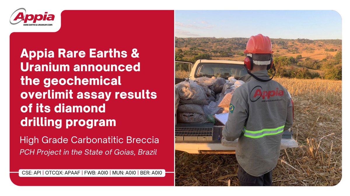 Appiareu's tweet image. News Highlight π PCH Project, Brazil
Appia Rare Earths & Uranium announced the geochemical overlimit assay results of its diamond drilling program on the high grade carbonatitic breccia.
π stockmkt.info/3R5uiRK
π¨π¦ CSE: $API.CA πΊπΈ OTCQX: $APAAF π©πͺ FWB: A0I0
#MiningStocks