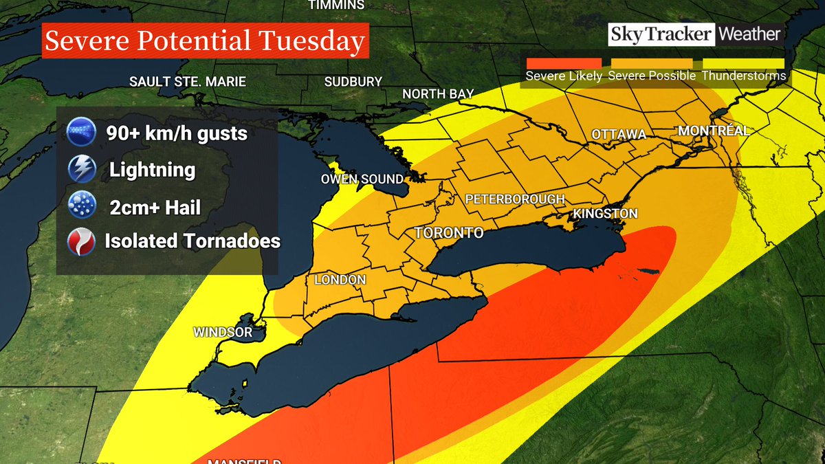 Be sky aware today! With temps. reaching mid to high 20s across southern Ontario we're tracking a sharp cold front bringing the potential for severe weather this afternoon into early this evening. Timing of strongest storms looks to be ~3 to 7 pm for GTA. #onstorm
