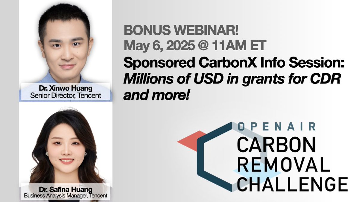The OpenAir Collective (@openaircollect) on Twitter photo Want funding for your CDR project? Join us next week on May 6th, 11am ET for a special webinar from Carbon Removal Challenge sponsors <a href="/TencentGlobal/">Tencent 腾讯</a>, who will be introducing you to their CarbonX program, which provides millions of USD for CDR and more!
lu.ma/05mrg40o Want funding for your CDR project? Join us next week on May 6th, 11am ET for a special webinar from Carbon Removal Challenge sponsors <a href="/TencentGlobal/">Tencent 腾讯</a>, who will be introducing you to their CarbonX program, which provides millions of USD for CDR and more!
lu.ma/05mrg40o