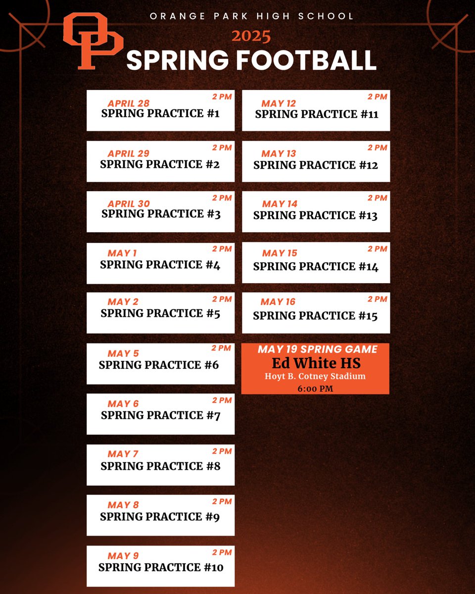 Orange Park Football (@ophs_fb) on Twitter photo 🚨SPRING GAME DATE CHANGE🚨
Our Spring game will now be Monday, May 19th at 6:00 PM at Hoyt B. Cotney Stadium. We’ll see you there‼️ #TheRaiderWay 🍊 🚨SPRING GAME DATE CHANGE🚨
Our Spring game will now be Monday, May 19th at 6:00 PM at Hoyt B. Cotney Stadium. We’ll see you there‼️ #TheRaiderWay 🍊