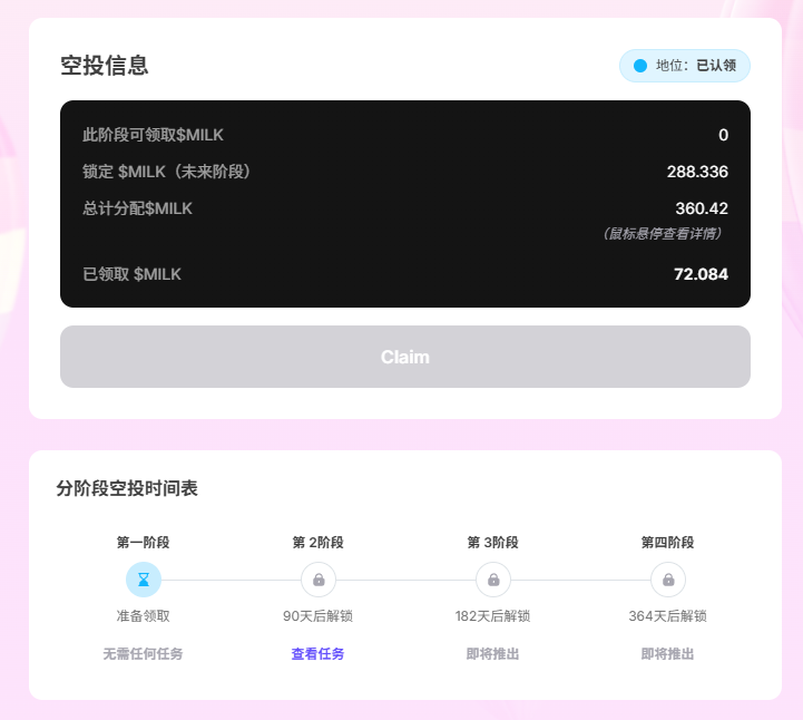 🥛 Milkyway 发空投了 单号 360币 价值40U！

🔗领取年纪：massdrop.milkyway.zone

这个项目我单号质押 50个 $TIA （成本10U单币）

目前币价 2.8U 单号质押亏损 360U

360U - 40U 一个号倒亏 320U

可能还是那句话，质押就是高点，任何项目开质押 赶紧跑！