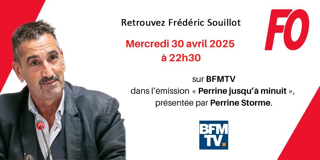 [#Télévision]

Retrouvez Frédéric Souillot (<a href="/SouillotFo/">Souillot Frédéric</a>) Mercredi 30 avril 2025

à 18h30, sur #BFMBusiness dans l’émission « La grande interview », présentée par Hedwige Chevrillon.

à 22h30, sur #BFMTV dans l’émission « Perrine jusqu’à minuit », présentée par Perrine Storme.