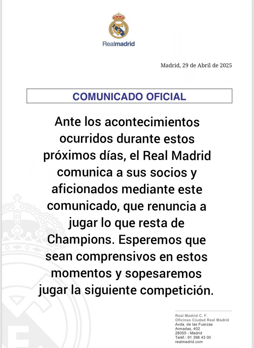 🔴ÚLTIMA HORA🔴

Según comunicado oficial del Real Madrid, en el día de mañana han renunciado a jugar las semifinales de Champions y por lo tanto no presentarse al partido.