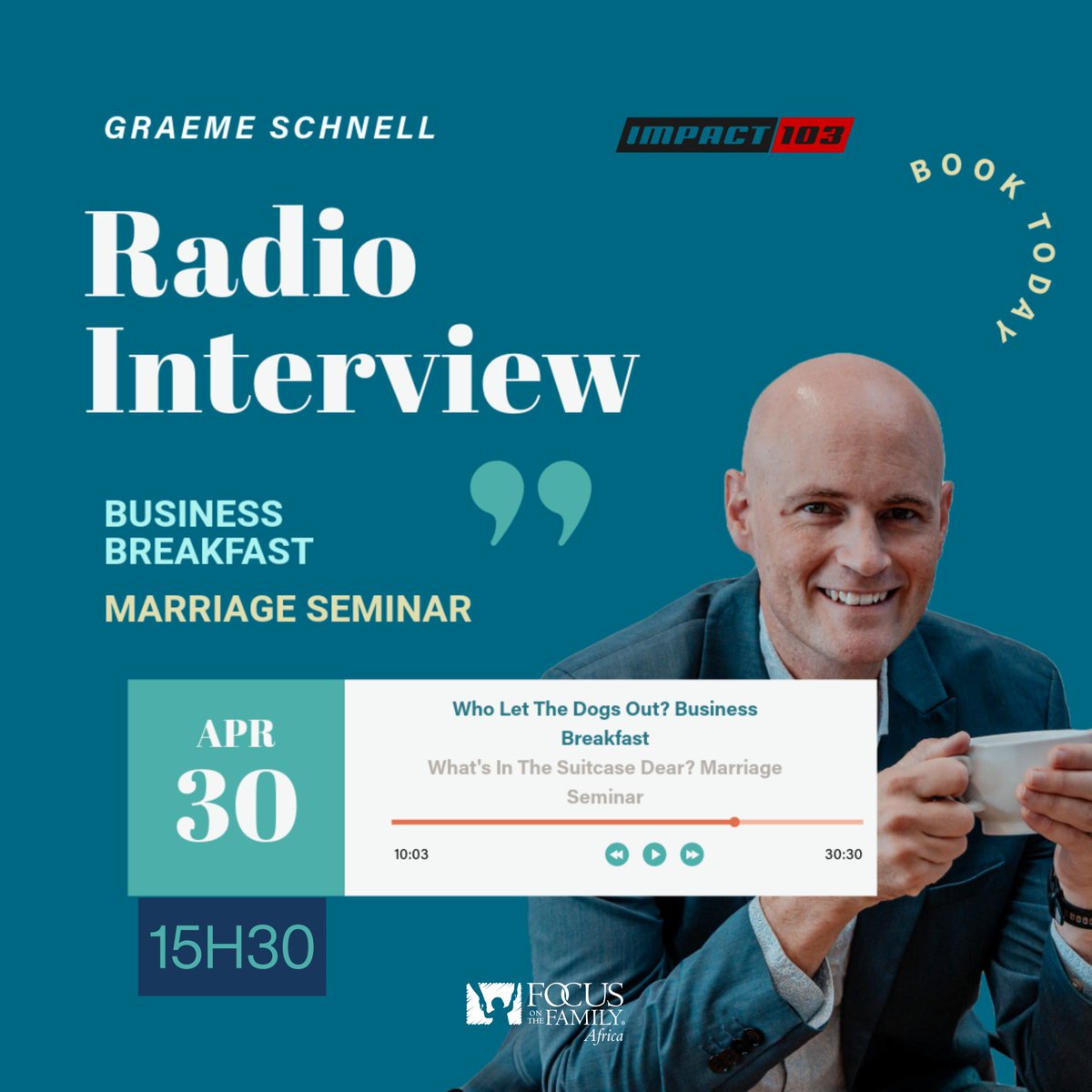 Get ready for a power-packed conversation! Our CEO Graeme_Schnell will on <a href="/impact103/">Impact Radio 103 FM</a> Radio Today at 15H30!

He will be talking about the Business Breakfast and Marriage Seminars happening in Cape Town, Pretoria and Klerksdorp with Brad Sadler this May!

Stream online: