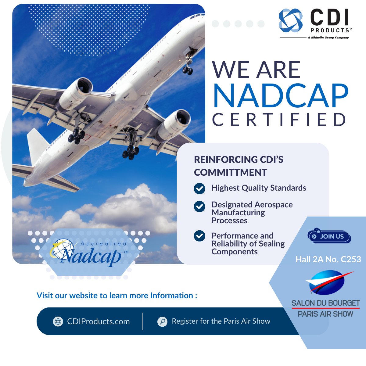 CDIProducts's tweet photo. Proud to announce: CDI Products is now NADCAP certified!
Come meet us at the Paris Air Show this June alongside @Michelin. We’re showcasing the future of Aerospace materials with our expanded Arylast™ line.
#CDIProducts #Aerospace #NADCAP #ParisAirShow #Innovation https://t.co/KJ96jA3e8o