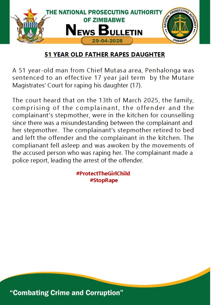NPAZim's tweet photo. 51 year old father rapes daughter
#CombatingCrimeAndCorruption
#StopRape #keepthechildrensafe
#protectthegirlchild https://t.co/tHIkQIFfqf